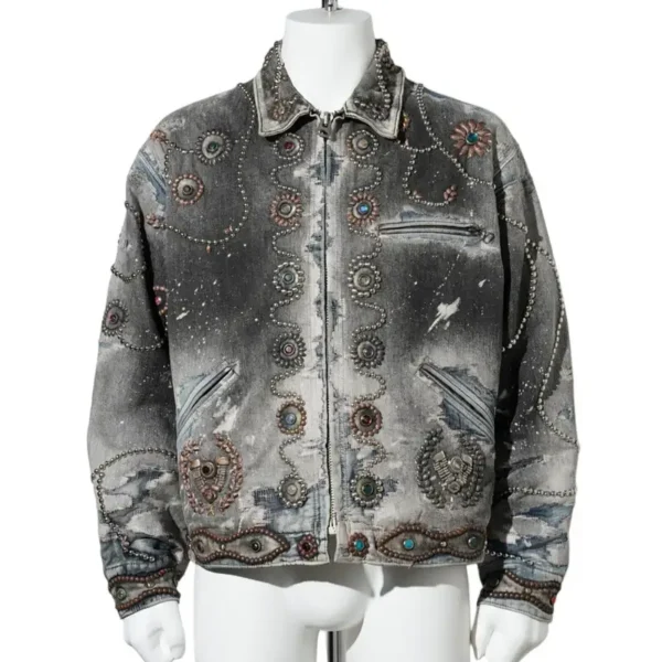 Proleta Re Art Deer leather stud zip work black jacket front view