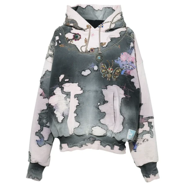 Proleta Re Art distressed deer leather studs hoodie front view