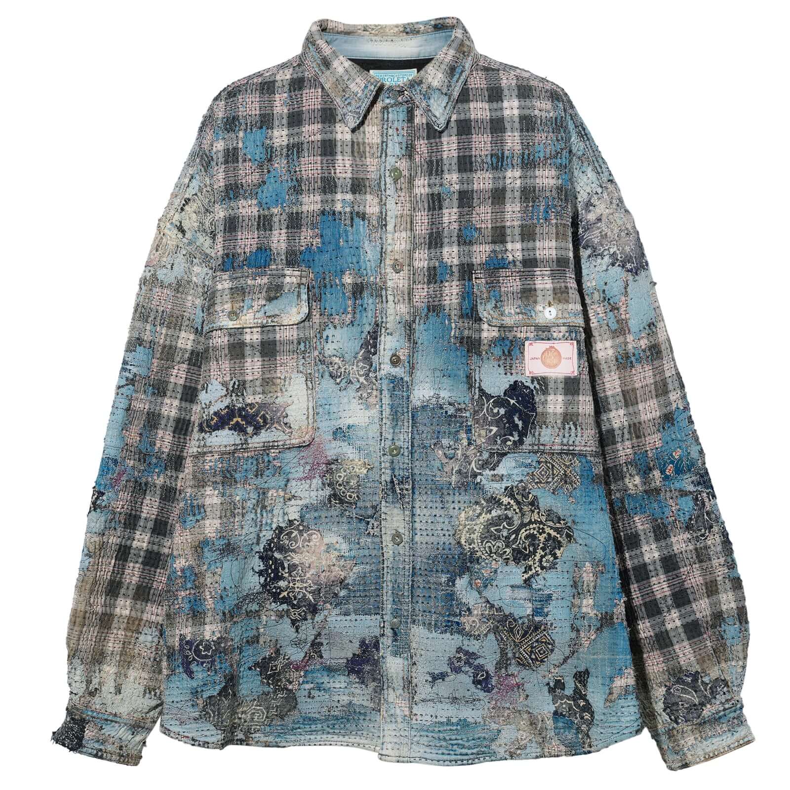 Proleta Re Art Uroboros Flannel Check Oversize Navy Workshirt BAck Proleta Re Art Uroboros navy check oversized workshirt front